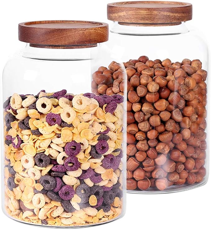 LEAVES AND TREES Y Thicken Glass Storage Jar, Food Storage Container/Canisters with Airtight Wooden Lid for Tea, Coffee, Honey, Cacao Powder,BPA Free Perfect as a Cereal Dispenser (7.6inch 2pcs)