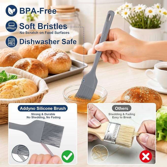 Silicone Basting Brush Set, 2-Pack Food-Grade BPA-Free Pastry Brush, 446°F Heat Resistant with Reinforced Inner Core, One-Piece Design for BBQ, Grilling, Baking, Butter, Marinades & Oil (Gray)