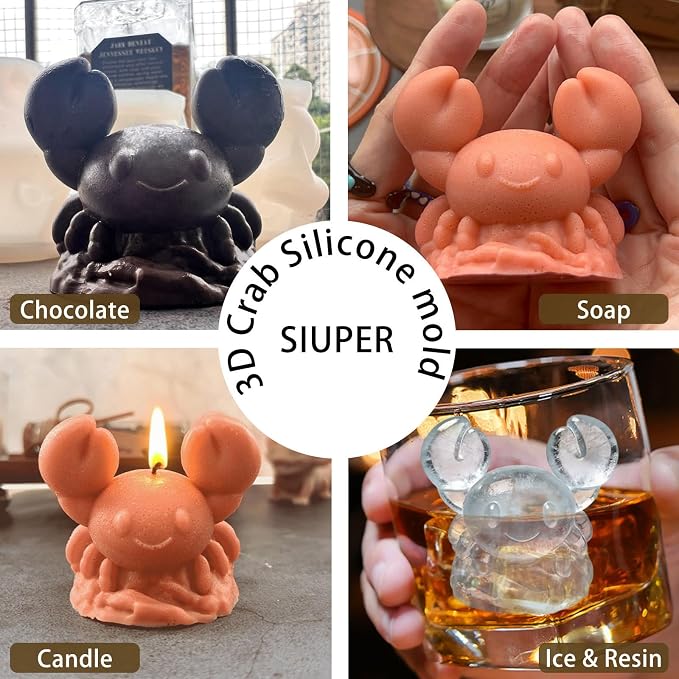 3D Crab Ice Cube Silicone Molds Tray for Whiskey, Cocktail, Drink, Bar; Rich Details. Fun Animal Mold for DIY Craft Taba Squishy Chocolate Soap Candle Resin Gift for Women Girls Boys; 2 Pack