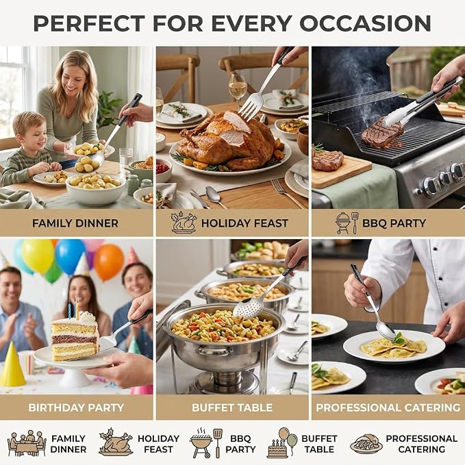 16-Piece Stainless Steel Buffet Serving Set | Premium Serving Utensils with Heat-Resistant Handles for Family Gatherings, Parties, Catering & Holiday Meals