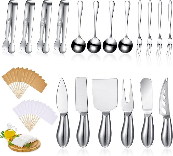 Patelai Charcuterie Board Accessories Cheese Spreader Knife Set Charcuterie Utensils Butter Knife Stainless Steel Mini Serving Tongs Spoons Appetizer Forks for Pastry(Silver,18 Pieces)