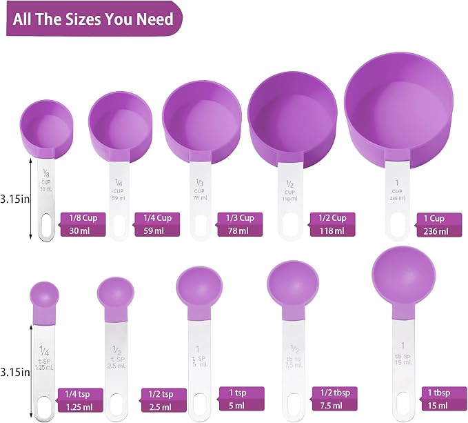 Measuring Cups and Spoons Set of Huygens Kitchen Gadgets 10 Pieces, Stackable Stainless Steel Handle Measuring Cups for Measuring Dry and Liquid Ingredient (Mauve)