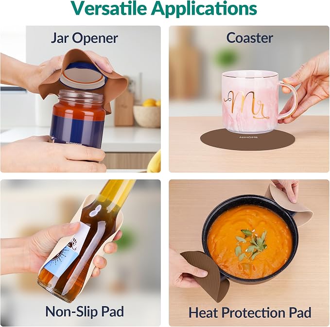 NiHome Silicone Jar Opener Gripper Pads, 6 In for Seniors, Coffee Color,4PC | Textured Back Pattern For Superior Grip, Food-Grade Silicone, Heat-Resistant Multi-Use Kitchen Pad For Jars, Pots, Spoons