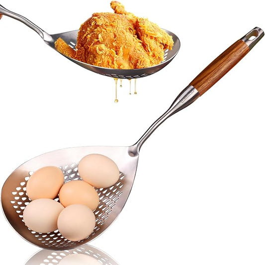 Skimmer Slotted Spoon -17in 304 Stainless Steel Pasta Spider Strainer Skimmer Ladle Spoon for Cooking and Frying - Kitchen Large Metal Scoop Colander Strainer Spoon with Heat Resistant Wooden Handle