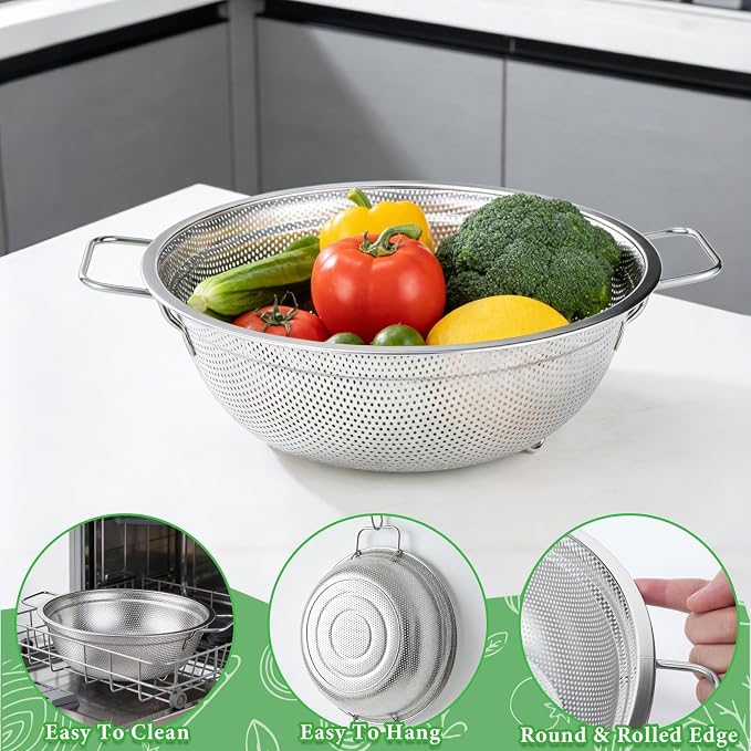 Stainless Steel Colander Set of 3 - Micro-Perforated Metal Strainer for Draining Pasta, Washing Rice & Rinsing Vegetables - Heavy Duty & Dishwasher Safe Kitchen Colanders - 2, 3, 5 Quart