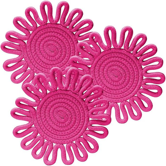 Kitchen Trivets for Hot Dishes Potholders for Countertop Hot Pads Hot Mats or Trivets for Hot Pots and Pans Home Essentials Boho Farmhouse Kitchen Decor Set of 3, 100% Cotton,7.5" (Rose-Red)