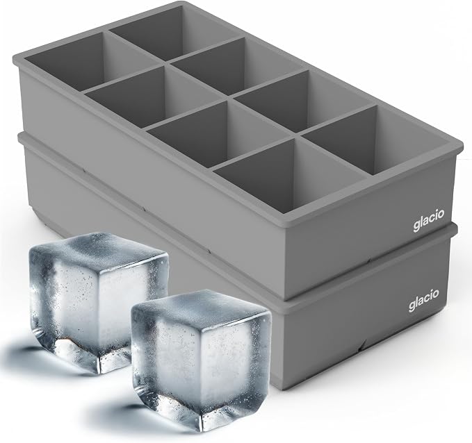 Ice Cube Molds – 2-Pack Silicone Trays for 8 Large Square Cubes – Slow-Melt Ice for Whiskey, Cocktails, Coffee & More (Gray)