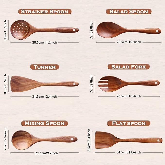 6-Piece Teak Wood Cooking Utensil Set, Wooden Spoons for Cooking | Durable, Non Toxic, Non-Stick, Smooth Finish, Easy to Clean, Comfort Grip, House Warming Gift