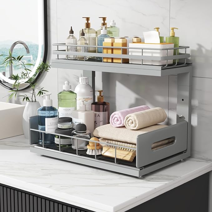 Under Sink Organizer Upgrade To Professional Rails,2-Tier Dual Pull Out Cabinet Storage,Height Adjustable Slide Out Drawers For Bathroom Kitchen,2 Pack-14.5"Dx12.8"-16.9"H,Gun Gray