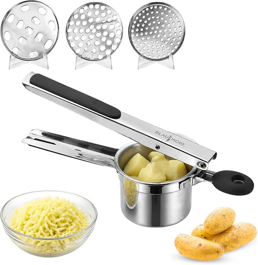 Large Potato Ricer – 304 Stainless Steel Masher & Press with 3 Discs, Reinforced 0.7mm Thick Cup, Ergonomic Silicone Grip, for Smooth & Fluffy Mashed Potatoes