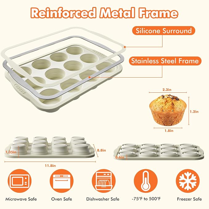 2 Pack Silicone Muffin Pan for Baking with Metal Reinforced Frame, Foldable 12 Cup Regular Size Nonstick Cupcake Pan, Muffin Tray for Baking, Dishwasher Safe Egg Bite Molds for Oven，Beige