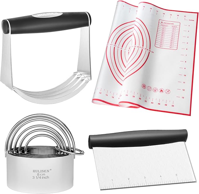HULISEN Stainless Steel Biscuit Cutter Set, Silicone Mat, Pastry Scraper and Dough Blender, Sturdy & Long-Lasting with Ergonomic Rubber Grip, Professional Baking Dough Tools, Gift Package (4 Pcs/Set)