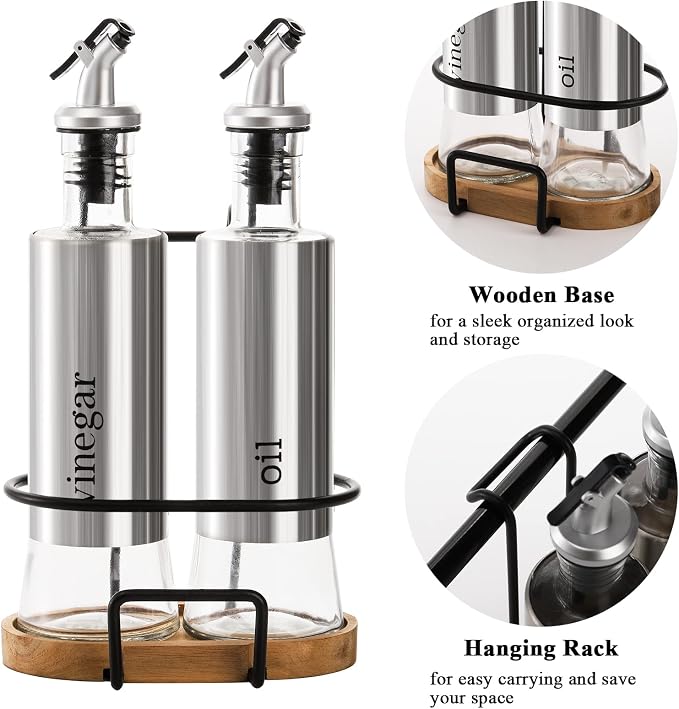 Tebery 2 Pack Olive Oil and Vinegar Bottle Set with Rack and Wooden Base, 10OZ Olive Dispenser Glass Cooking Oil Cruet Bottles with Pourers and Funnel for Kitchen
