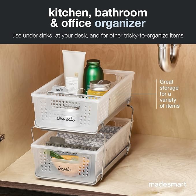 madesmart Two Tier Organizer with Dividers, Frost | pull out bins, tiered access, cleaning supplies, under sink use, pantry bottles, woman owned