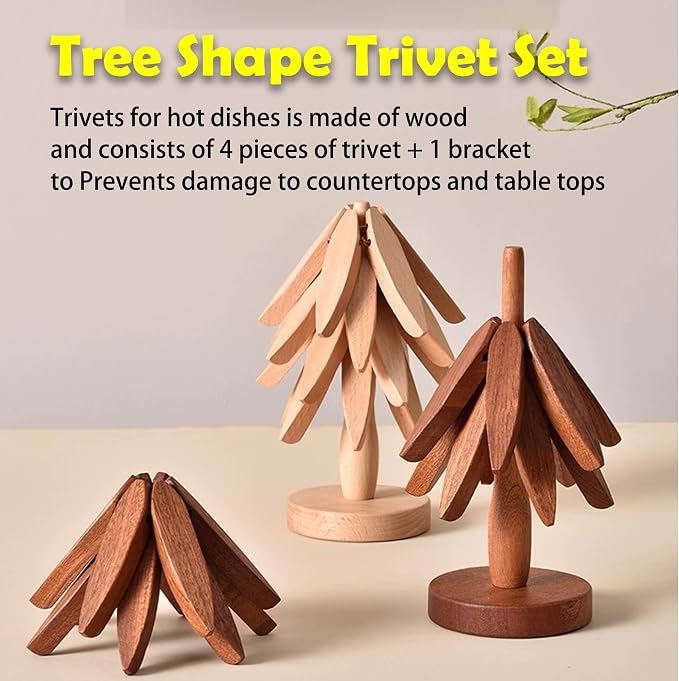 Wooden Cup Coaster Set,Christmas Tree Shape Trivet Set,4 Wooden Trivets and 1 Stand for Hot Pots and Pans Collapsible Coasters Heat Resistant Pads for Kitchen Counter (Sapele)