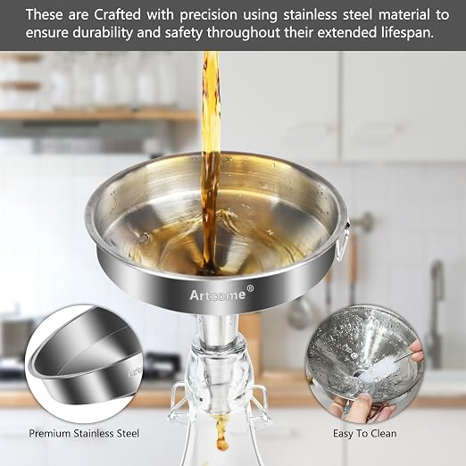 Artcome 3 Pcs Stainless Steel Kitchen Funnel Set, Food Grade 3-in-1 Metal Funnel, Ideal for Transferring of Liquid, Sauce, Jam, Particles & Powder - Dispensing Funnels with Strainers - Dish-Wash Safe