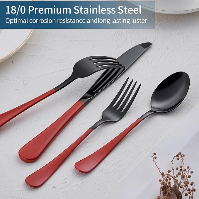 20-Piece Red Silverware Set 18/0 Stainless Steel Black Silverware Set Red Handle Cutlery Black Set Service for 4 Dinner Knives Forks Spoons Set Black Flatware SetFinish Dishwasher Safe