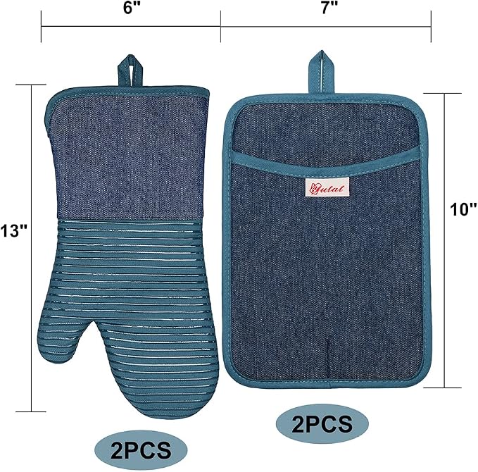 Yutat Oven Mitts, Pot Holders Set of 4 Made with Pure Cotton and Food Grade Non-Slip Silicone - 500 F Heat Resistant Oven Mitts and Pot Holders Sets for Kitchen Cooking (4pcs Set, Pc Blue and Denim)