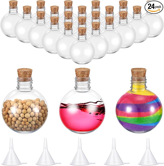 Layhit 24 Pcs Spherical Plastic Potion Bottles Ball Shape Round Bottles 3.4 oz Sand Art Jar with 5 Funnels Decorative ‌container Candy Jar for Valentines Birthday DIY Crafts(Brown,Cork Stopper)