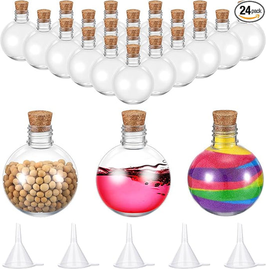 Layhit 24 Pcs Spherical Plastic Potion Bottles Ball Shape Round Bottles 3.4 oz Sand Art Jar with 5 Funnels Decorative ‌container Candy Jar for Valentines Birthday DIY Crafts(Brown,Cork Stopper)