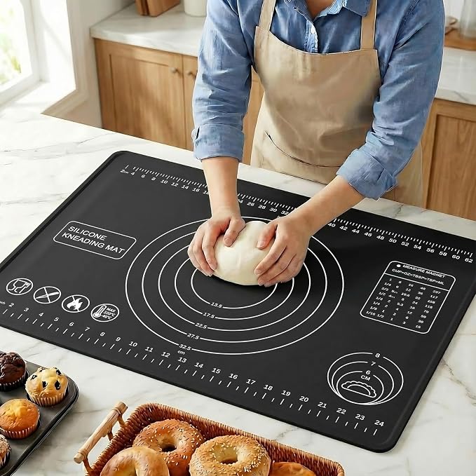 Silicone Pastry Mat 28" x 20" Extra Thick Silicone Baking Mat with Measurements and Edge Heightening Non-stick Food Grade Dough Rolling Mat Kneading Sheet for Pastry, Bread, Cookies (Black)