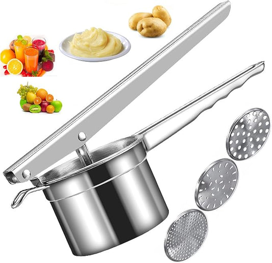 Mo&Bo Large 15oz Potato Ricer with 3 Interchangeable Discs,Heavy Duty Stainless Steel Sweet Potato Masher and Ricer Kitchen Tool,Ricer for Mashed Potatoes,Manual Press Fruit Juicers,Ergonomic Handle