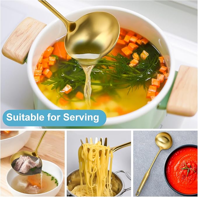 Gold Soup Ladle - Stainless Steel Ladle Spoon, Perfect Gifts | 13.8"Large Soup Spoons [Integral Forming, Heat Resistance] Kitchen Metal Ladel for Cooking, Serving, Stirring, Wok & Soup