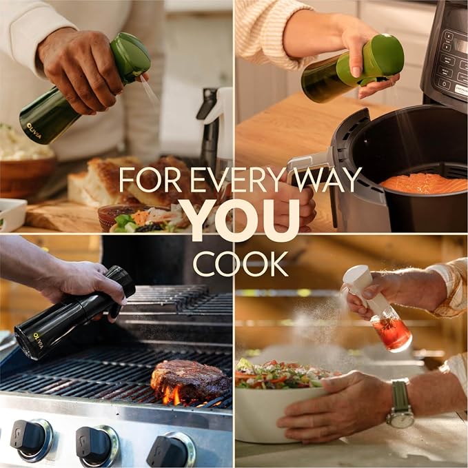 OLIVIA SIGNATURE Advanced Kitchen Oil Sprayer with Flairosol Technology, Fine Mist & Portion Control, Refillable Glass Cooking Spray Bottle, Anti-Drip & Leakproof, Air Fryer, Salad, BBQ, 200ml(Black)