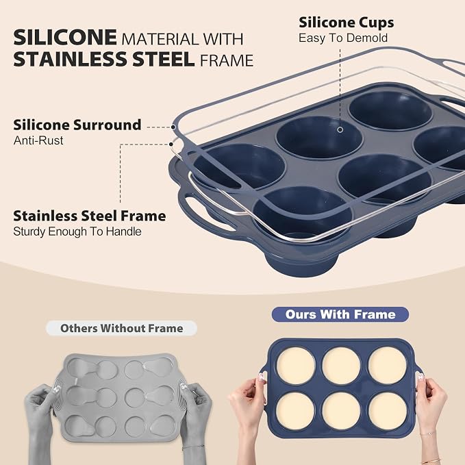 Jumbo Silicone Muffin Pan with Frame, Non Stick Large Cupcake Baking Tin | Silicone Cupcake Pan with Handles 6 Cup, BPA Free Silicon Muffin Tin Tray Extra Large for Baking Egg Bites Mold Vnray Grey