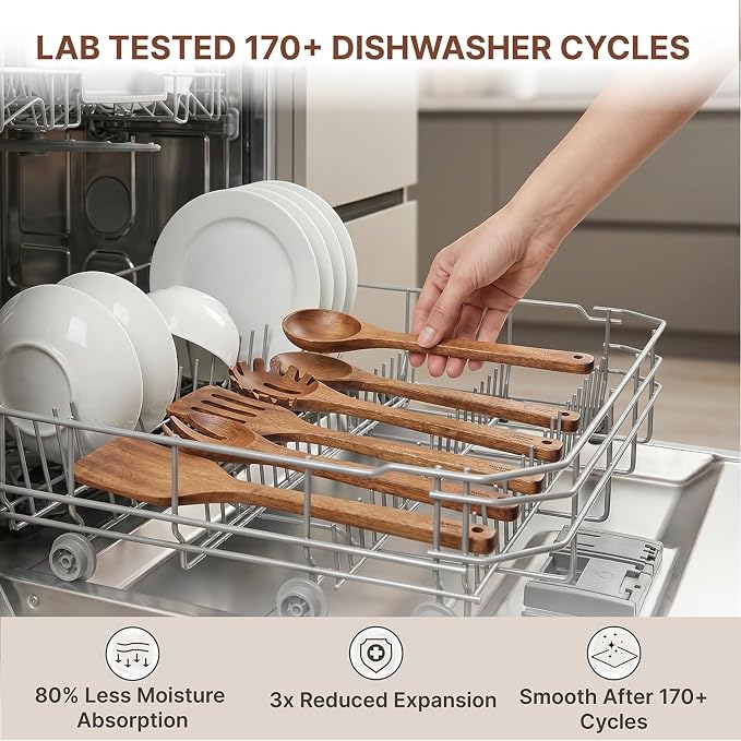 Koppen Dishwasher Safe Wooden Kitchen Utensils Set, 5 Pcs Acacia Wood Spoon Utensils for Nonstick Cookware, Resist Water Absorption & Crack Resistant, Long-Lasting, Non-Toxic for Everyday Cooking