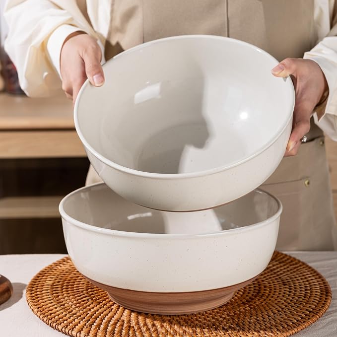 AmorArc 9.8’’ Ceramic Serving Bowls, 3.1 Qt Extra Large Salad Bowls Set of 2, Stoneware Oversized Bowls with Rustic Terracotta Underside for Salad, Soup and Dinner. Large Bowls for Entertaining &Gift
