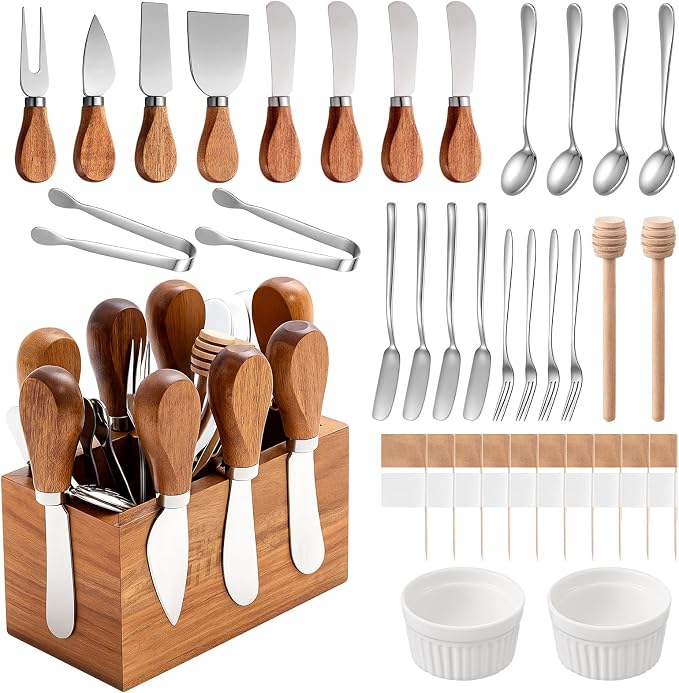 Hushee 46 Pcs Charcuterie Boards Accessories with Magnetic Acacia Wood Holder Wooden Cheese Knife Set for Wood Handle Knives for Cheese Knife Slicer with Tongs, Spoons, Forks, Honey Dipper (Style 3)