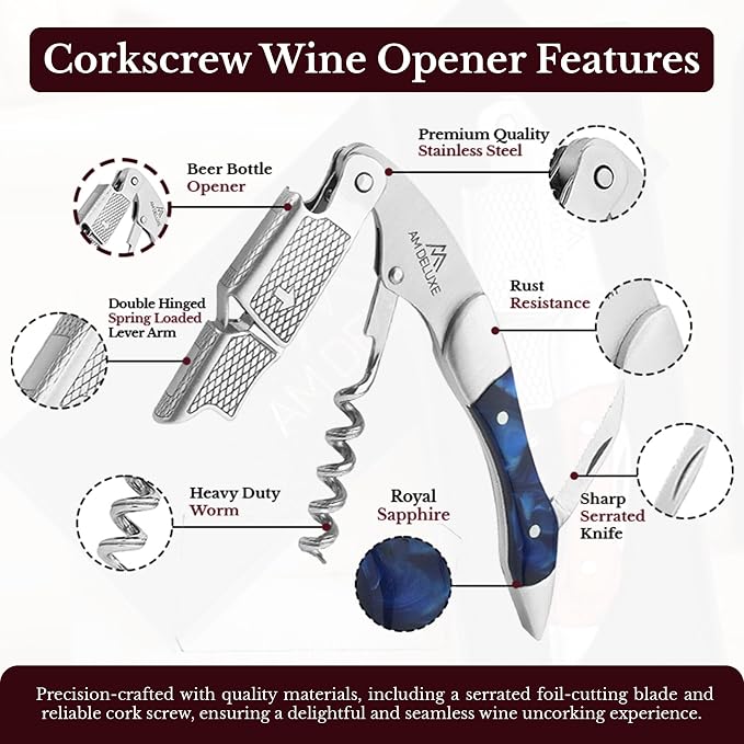Waiters Corkscrew Wine Opener - Double-Hinged Fulcrum 3-In-1 Cork Screw Wine Bottle Opener Heavy Duty Stainless Steel & Sapphire Resin. Serrated Foil Cutter. Beer Opener. Magnetic Gift Box