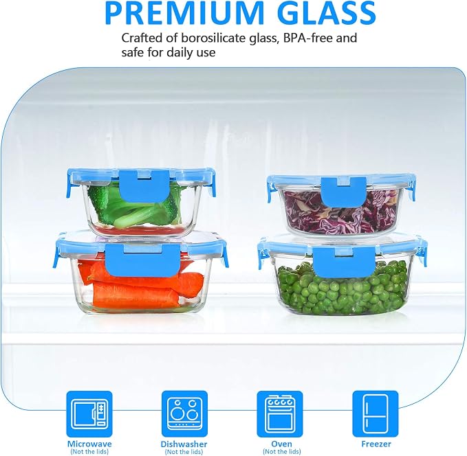 24 Pieces Glass Food Storage Containers Set, Blue | Glass Meal Prep Containers, BPA-Free Airtight Glass Storage Containers with lids, Freezer, Microwave and Oven Safe