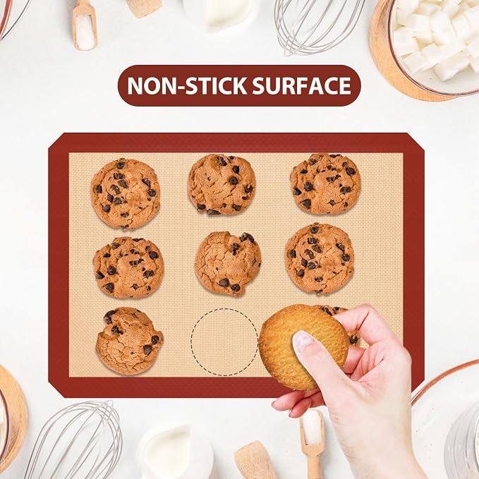 2 Half & 1 Quarter Silicone Baking Mat, Baking Sheets | Non Stick, Heat-Resistant, Reusable Oven Baking Supplies for Cookies, Bread & Pastry, Oven-safe, Red