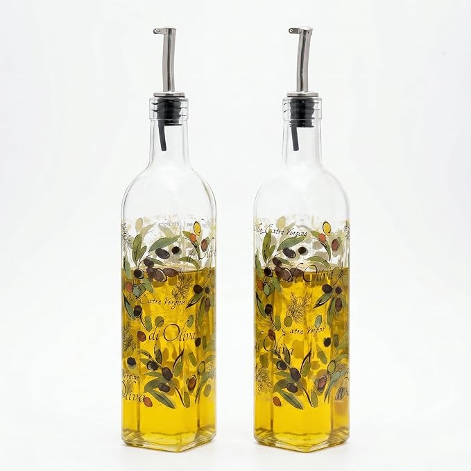 Topadorn 2-Pack Glass Olive Oil Dispenser Bottles – 17oz Cruet Set with Stainless Steel Spout, Leak-Resistant Oil & Vinegar Pourer, Food-Safe Kitchen Storage Set