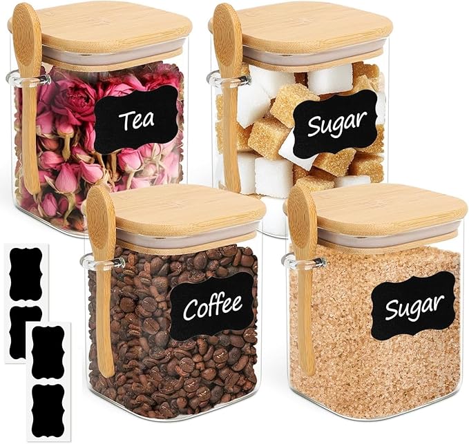 ComSaf Glass Container with Spoon & Lid 0.8 Qt, 4 Pack Glass jar with spoon | Coffee and Sugar Container Set, Coffee Bar, Salt Jar, Bamboo Lid with Silicone Seal, 27oz Canister, Spice,Seasoning, BPA Free