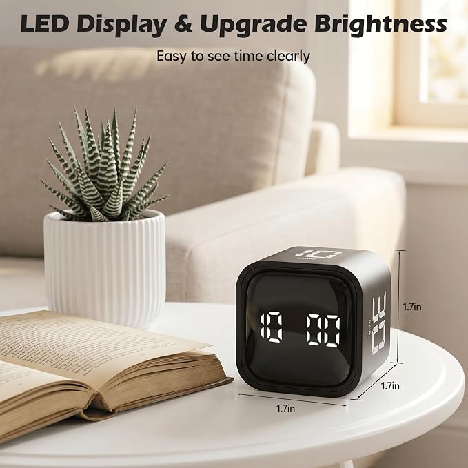 Pomodoro Timer Cube, Productivity Visual Timer Flip, 5/10/30/60 Min Preset Custom Countdown, ADHD Tool Rotating Countdown Stopwatch, Vibrate/High/Low Volume, for Study, Work, Game, Kitchen-Black