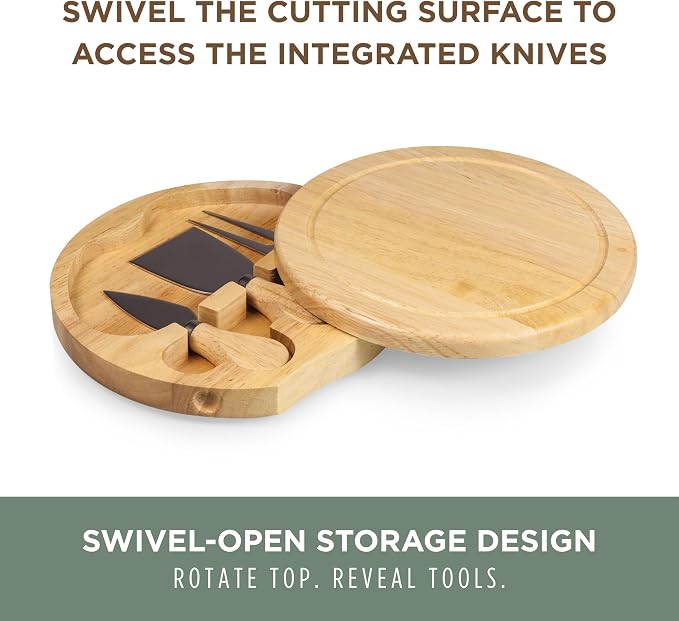 PICNIC TIME Brie Cheese Board and Knife Set, Novelty Charcuterie Board Set with Stainless Steel Tools and Juice Groove, Two-tiered, Swivel-Open Serving Platter, and Charcuterie Set, (Parawood)