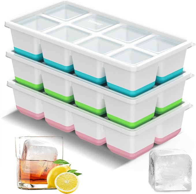 VEHHE Large Square Ice Cube Trays, 3 Pack Easy to Clean Ice Molds with Lid, Easy Release and Flexible Silicone 24-Ice Cube Molds, Mixed Colours