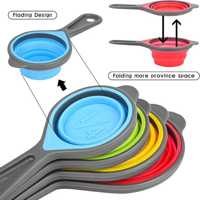 Collapsible Measuring Cups and Spoons Set, Silicone Measure Cups & Spoons, Engraved Markings Measurer Cups Spoons for Baking and Kitchen Green