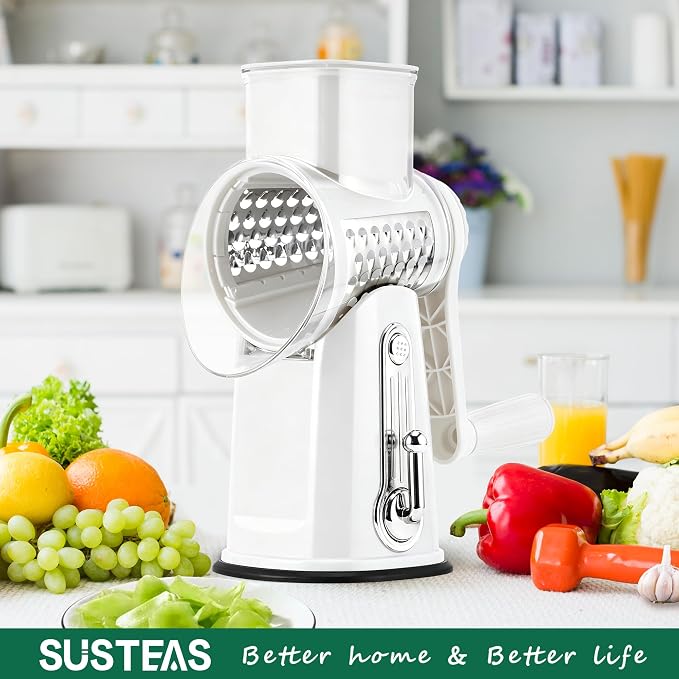 SUSTEAS Rotary Cheese Grater with Handle - Vegetable Shredder with 5 Well-designed Blades & Strong Suction Base,Round Mandoline Slicer & Food Chopper for Kitchen,with Blade Storage Box(White)
