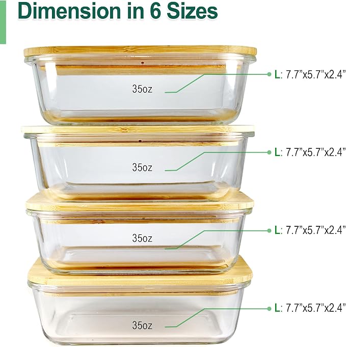 Glass Containers with Bamboo Lids, Bamboo Meal Prep Storage Containers with Lids, Oven, Freezer, Microwave Safe, Pack of 4, 35oz