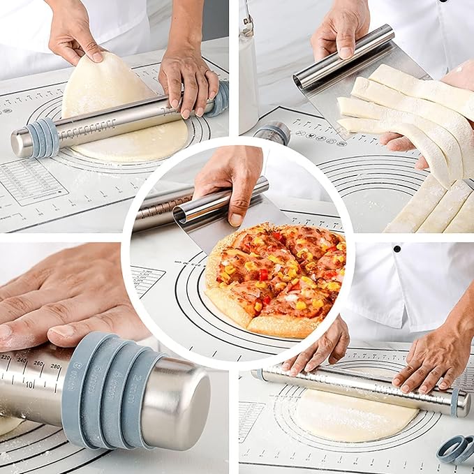 Rolling Pin & Silicone Baking Pastry Mat & Dough Pastry Bench Cutter Scraper Set, Rolling Pins with Adjustable Thickness Rings, for Baking Dough, Pizza, Pie, Pastries, Pasta, Cookies