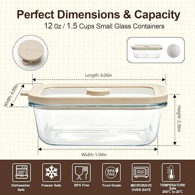 12 oz Small Glass Food Storage Containers with Glass Lids,1.5 Cup Glass Meal Prep Containers, Non Toxic Lunch Containers for Microwave, Oven, Freezer and Dishwasher Safe, 6 Pack