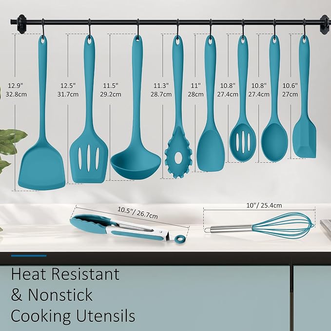 Silicone Cooking Utensils Set of 10, Kitchen Utensils Set for Cooking, 446°F Heat Resistant Silicone Kitchen Tools with Turner Spatula, Soup Ladle, Serving Spoons, Tongs for Nonstick Cookware - Blue