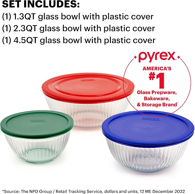 Pyrex Sculpted (3-Pack) Glass Mixing Bowls Set With Plastic Lids
