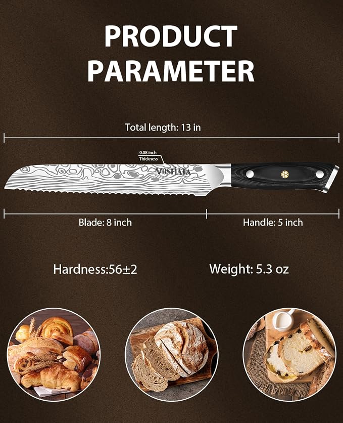 MOSFiATA Bread Knife 8” Ultra Sharp Serrated Knife, German High Carbon Stainless Steel EN1.4116 Bread Slicer with Bread Lame, Micarta Handle, For Bread, Cake, Bagels