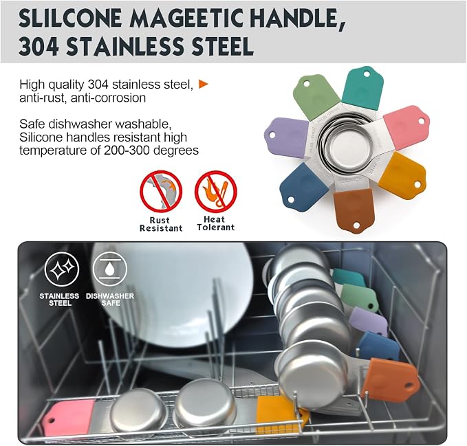 Magnetic Measuring Cups Set, 7 Pieces 18/8 Stainless Steel Stackable Nesting Heavy Duty Measuring Cups, kitchen Tools, Perfect for Dry and Liquid Ingredients, Dishwasher Safe (Muticolour, 7 set)