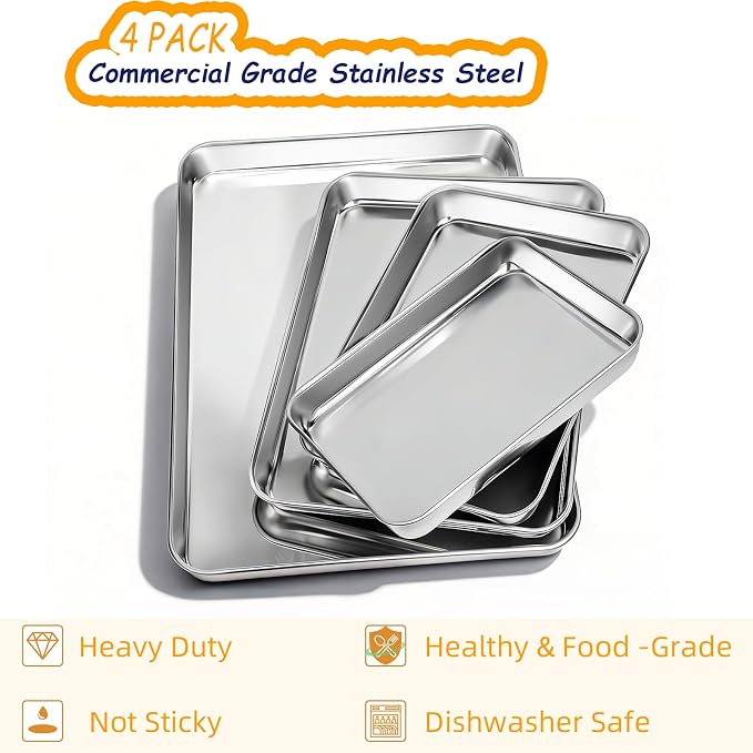 CEKEE Baking Sheet Set of 4, Stainless Steel Cookie Sheets for Baking, 0.8mm Heavy Duty Nonstick Baking Pans, 9/10/12/16 Inch Baking Trays for Oven, Non Toxic & Mirror Finish & Easy Clean